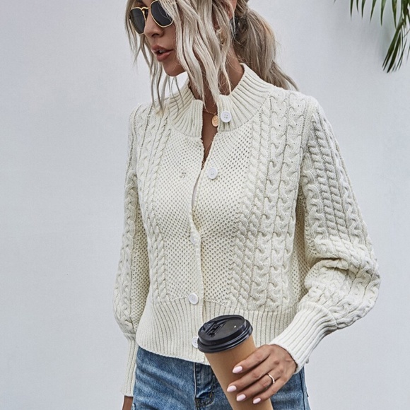 cream high neck chunky knit cable button cardigan - Picture 6 of 7
